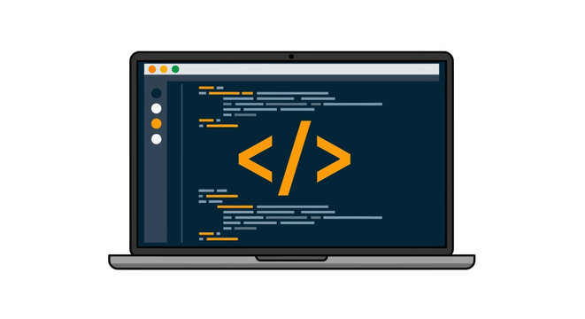 Coding, laptop, programming, web development, HTML, software, dark background, vector illustration, coding symbols, developer tools