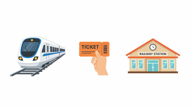 Railway station, train, ticket icons, transportation symbols, travel illustrations, vector graphics