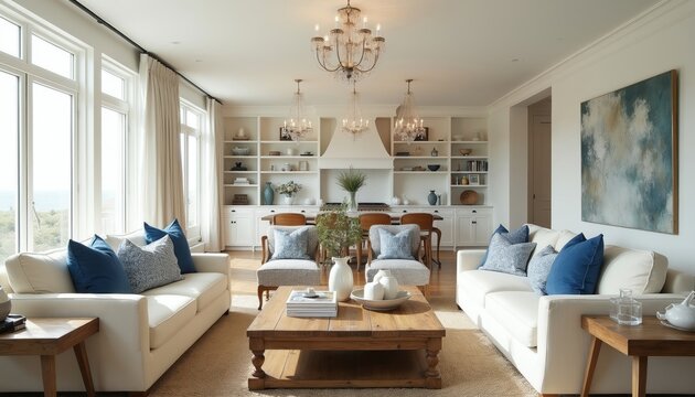 Elegant coastal living room features white sofas, blue accent pillows, natural wood coffee table, and built-in shelving. Open space with large windows, chandeliers, and abstract wall art.