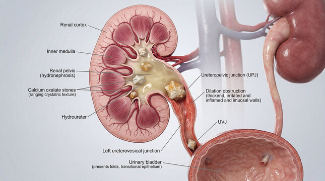Unveiling the internal struggle within the renal system, calcium oxalate stones obstruct the delicate flow towards the bladder
