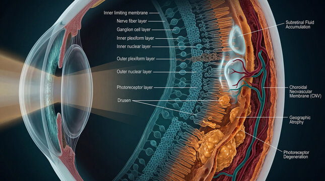 Visual journey into the delicate human eye unveiling intricate retinal layers and the profound impact of macular degeneration