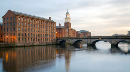 Obraz premium Historic brick buildings and clock tower by the river ouse in york