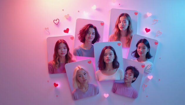 Diverse young people presented in profile cards, suggesting online dating and social connection. Heart icons float around profiles, signifying romance and love in a virtual space.