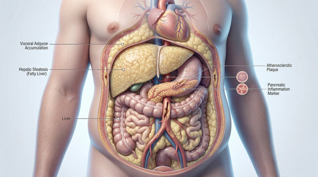 Vibrant internal view of a human torso highlighting visceral fat, fatty liver, and arterial disease markers