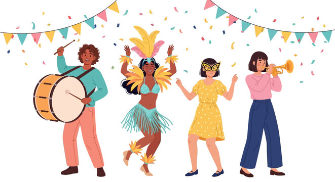 Colorful party people, festive celebration icons, dancing crowd, musical instruments, banner decorations
