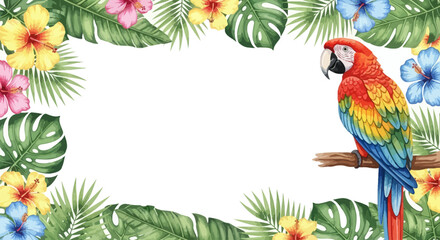 Tropical parrot border, colorful macaw illustration, floral leaf frame, exotic jungle design elements, vibrant bird decoration © Adam