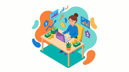 Fototapeta premium Woman working on laptop at desk with financial graphics and money symbols.