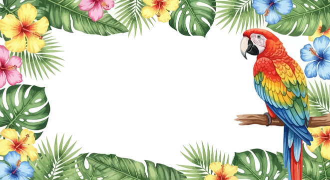 Tropical parrot border, colorful macaw illustration, floral leaf frame, exotic jungle design elements, vibrant bird decoration