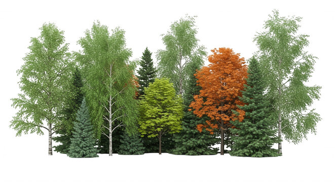 A cluster of mixed deciduous and coniferous trees including green birches, dark spruce, and a single vibrant orange maple tree isolated on black