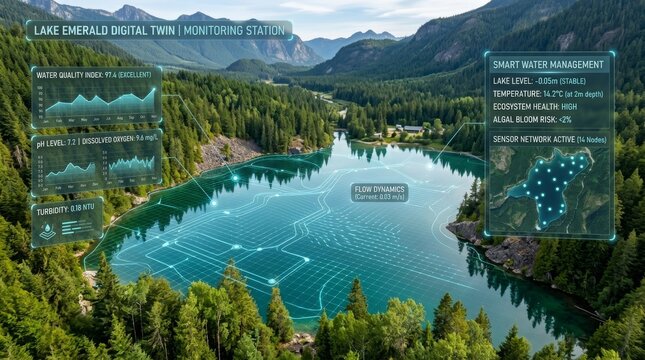 Smart Water Mapping Digital Riverbed Topology Over Mountain Lake Landscape