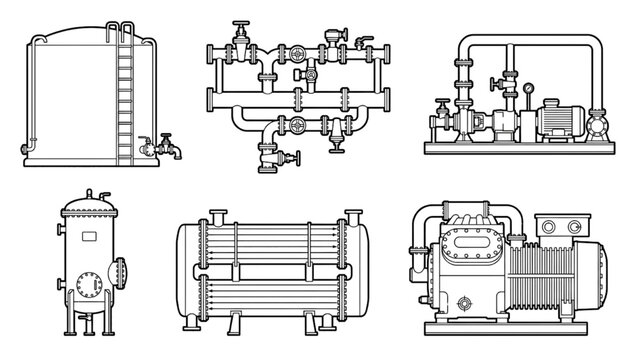Collection of Industrial Equipment Line Icons for Process Engineering Diagrams