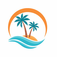 Obraz premium Tropical Island Paradise Logo with Palm Trees and Ocean Waves