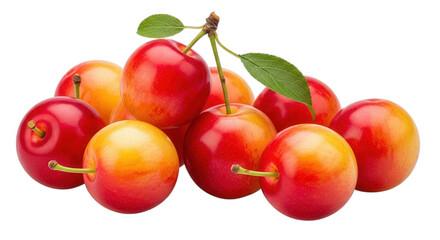 Obraz premium A cluster of ripe rainier cherries with red and yellow skin and green leaves isolated on a solid black background