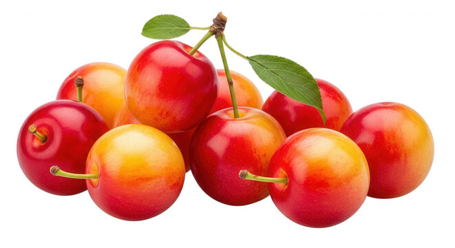 A cluster of ripe rainier cherries with red and yellow skin and green leaves isolated on a solid black background