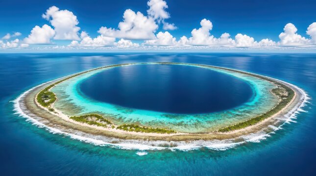 A cinematic aerial view of a circular ring shaped coral atoll sitting beneath a clear midday sun, surrounded by vibrant turquoise waters in a remote and peaceful tropical ocean paradise landscape.