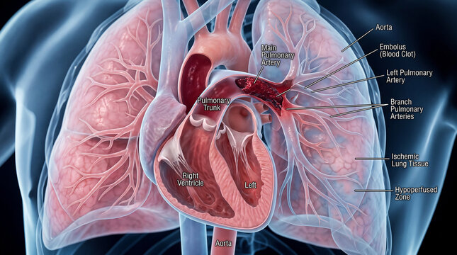Delicate internal system facing a pulmonary embolism, illustrating a critical arterial blockage