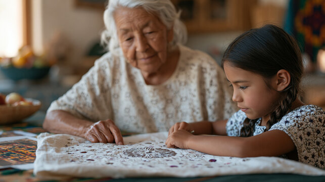 Mexican-American abuela teaching granddaughter to embroider floral pattern on fabric square at dining room table with reference photographs of ancestral textile work propped against fruit bowl durin