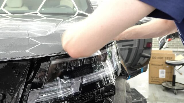 A car wrapping specialist applies a PPF or vinyl film to the body car. Selective focus. PPF protective film. The process of installing vinyl PPF film on the car. Protects the paint from scratches. 