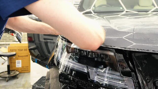 A car wrapping specialist applies a PPF or vinyl film to the body car. Selective focus. PPF protective film. The process of installing vinyl PPF film on the car. Protects the paint from scratches. 