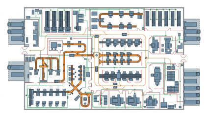 Obraz premium Smart Fulfillment Center And Warehouse Operations Network Top View Layout With Automated Logistics Systems