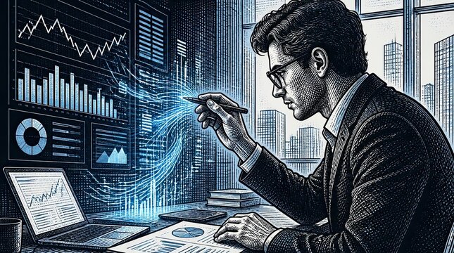 An intricate cross hatching illustration of a fintech analyst examining digital financial charts in a professional workspace, featuring a detailed study of modern market trends and data analysis.