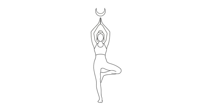 Minimalist line art of woman in Vrksasana yoga pose with crescent moon above head