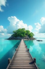 Obraz premium Wooden pier leads to green island in clear turquoise sea under blue sky with white clouds. Serene ocean landscape invites peaceful escape and relaxation.