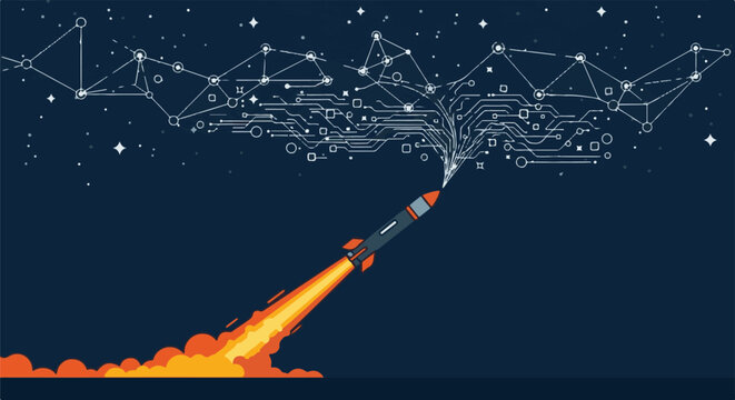 Rocket blasting off into a digital galaxy of circuits and stars