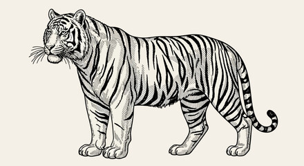 Obraz premium Black and white tiger illustration, striped animal drawing, monochrome wildlife art, vector tiger graphic