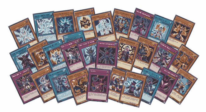 Scattered pixel art collection of fantasy and monster trading cards