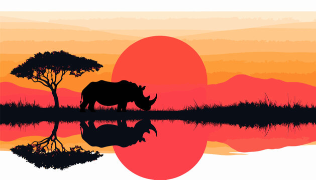 Silhouette of a rhinoceros and acacia tree by a watering hole at sunset