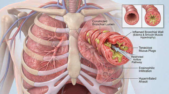 Respiratory struggle illuminated a vivid anatomical rendering of asthmatic bronchial constriction within the human chest