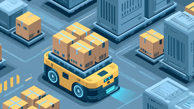 isometric warehouse automation scene with yellow forklift carrying cardboard boxes in industrial setting