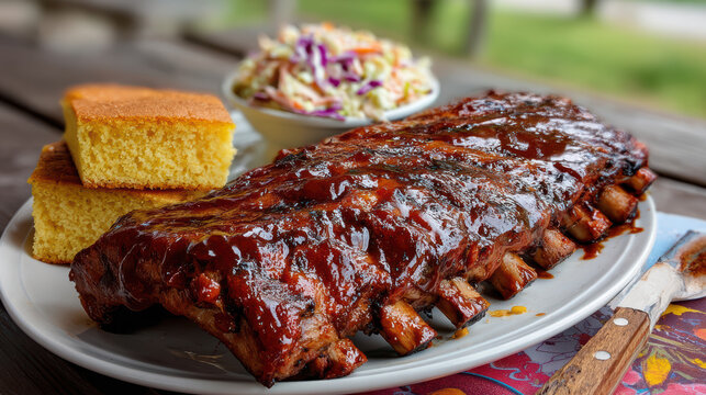 glossy american bbq ribs full rack ready to serve