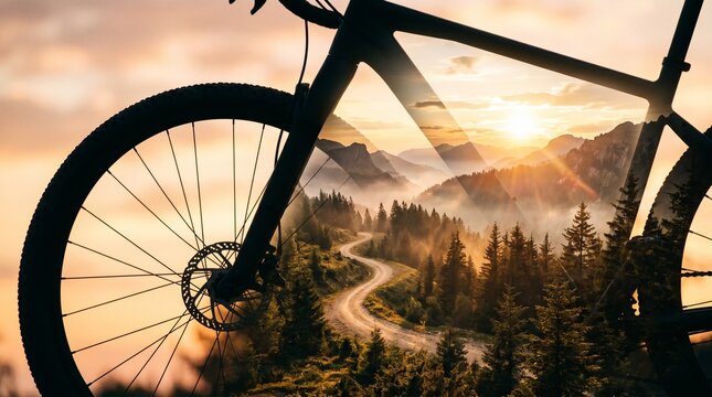 Inspirational double exposure of a bicycle superimposed over a scenic mountain road at sunset