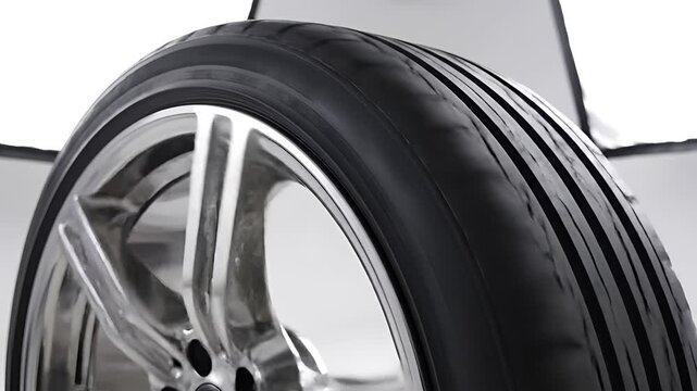 Closeup of a new car tire and alloy wheel.