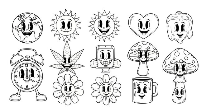 Smiling faces icons set, cute cartoon characters, black and white line art, emoticon collection, 13 vector graphics