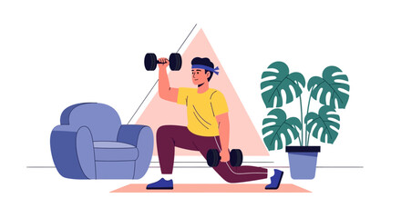 Obraz premium Vector illustration of man exercising at home with dumbbells, fitness and workout concept, healthy lifestyle, exercise equipment
