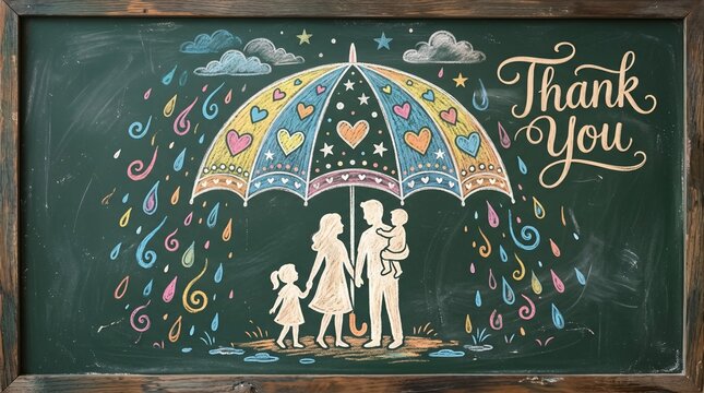 Colorful chalk art illustration of a loving family protected under a decorative umbrella, expressing gratitude with a 'Thank You' message on a dark blackboard