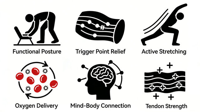 Showcasing functional postures, trigger point relief, mind body connectivity and tendon strength, improving athletic performance and professional training, and strengthening musculoskeletal muscles.
