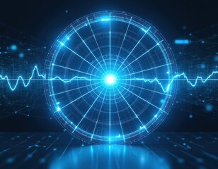 Obraz premium Abstract glowing blue digital interface displays data graphs and network connections. Futuristic technology shows complex information flow and analysis. Science research data visualization screen.
