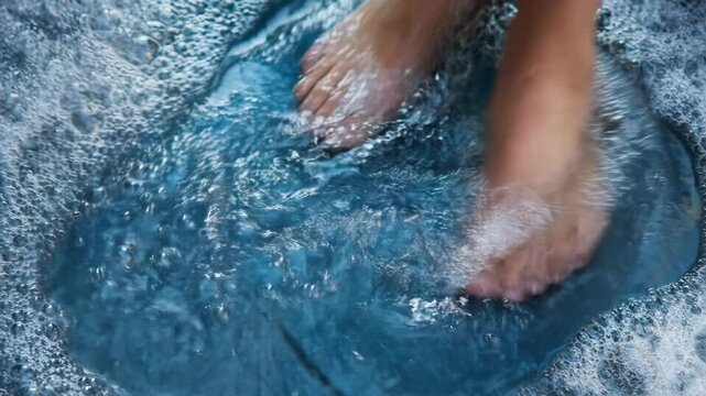 Human feet gently stirring bubbling hot tub water with rhythmic swirling foam motion. Relaxing spa day scene capturing the calm and therapeutic movement of aerated water.