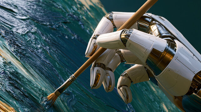 Closeup of a futuristic robotic hand holding a paintbrush and creating a textured oil painting, representing AI-generated art and artificial intelligence creativity