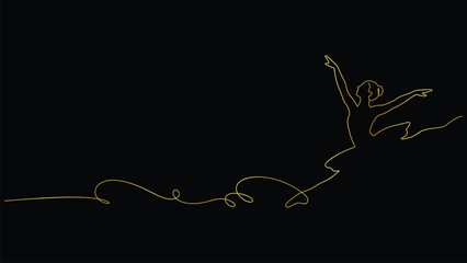 Elegant Gold Line Art Dancer Silhouette on Black Background © Kensusei