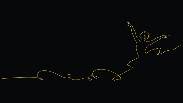 Elegant Gold Line Art Dancer Silhouette on Black Background
