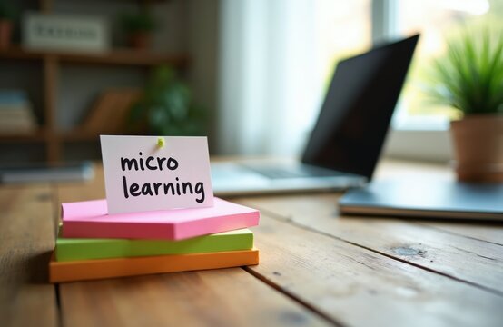 Sticky note with micro learning text on colorful stack. Laptop computer on wooden desk. Bright, modern office setting, focus on efficient education methods.