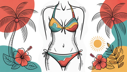 Woman wearing a colorful bikini with tropical hibiscus flowers and sun icons in a hand drawn doodle style for summer vacation design Vector © ANOWARUL