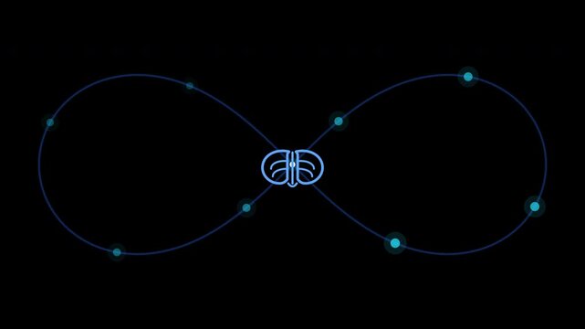 Infinity symbol pattern with glowing blue circles linked by lines on a black background, perfect for digital art projects. Versatile design concept.