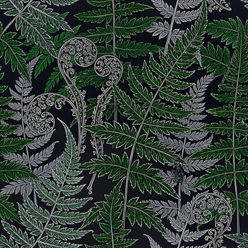 Botanical fern leaf illustration featuring green fronds and silver scrollwork fiddleheads on black background for organic nature pattern application.