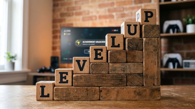 Wooden blocks stacked to form the word LEVEL UP on a table in a cozy living room with a TV in the background